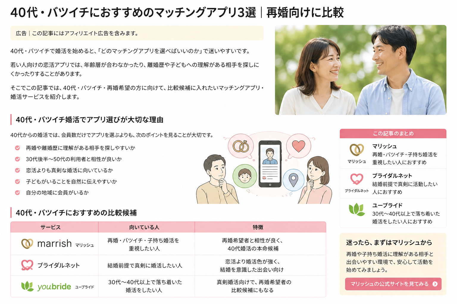 40代バツイチ向けマッチングアプリ比較表